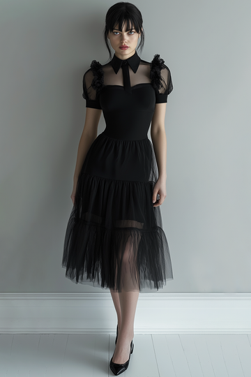 Black High Neck A Line Tulle Cocktail Dress